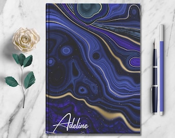 Personalized Marble Journal - Abstract Blue Gold Writing Notebook
