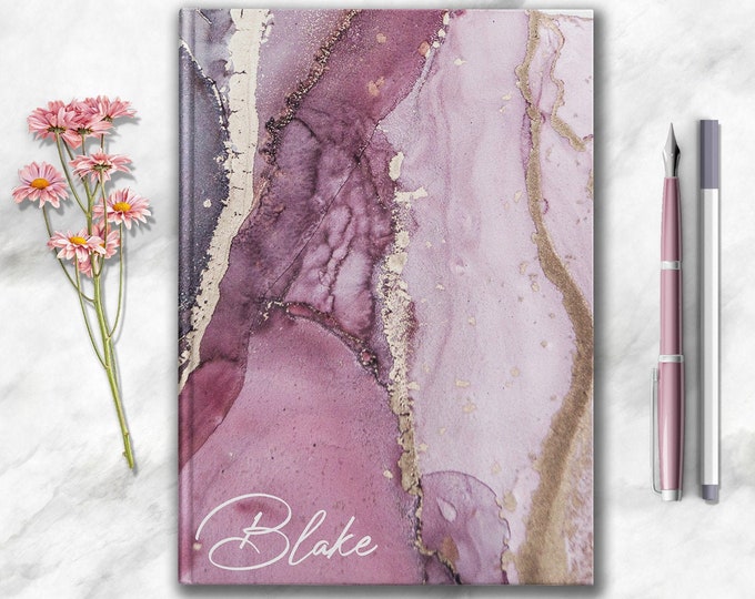 Abstract Marble Personalized Name Notebook Custom Daily Poetry Writing Journal Unique Boho Pink Purple Gold Minimalist Gratitude Dream Diary