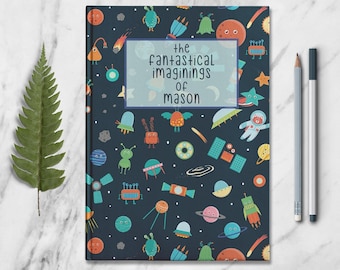 Outer Space Personalized Name Notebook Custom Kids Galaxy Journal Customized Gift for Son Astronaut Rocket Ship Planets Galaxy Universe Book