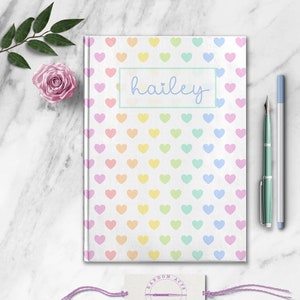 Cuaderno personalizado con corazones de arcoíris, diario infantil personalizado, lindo diario de sueños personalizado, cuaderno de trabajo escolar para niñas, regalo de cumpleaños para hija