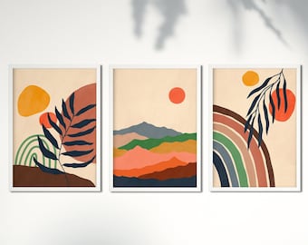 Boho Nature Art Set of 3 Earth Tone Prints Leaves Art Sun Mountains Rainbow Wall Decor Modern Abstract Aesthetic Wall Art Bedroom Home Art