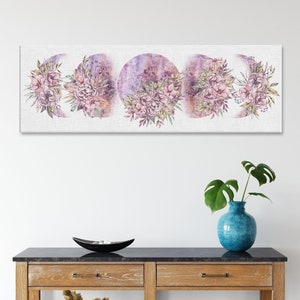 Purple Moon Phase Canvas Aesthetic Boho Floral Wall Decor  Crescent Moon Wall Hangings Spiritual Celestial Flower Wall Art Moon Goddess Gift