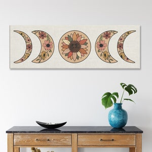 Retro Moon Phase Canvas Boho Floral Wall Decor Vintage Flower Crescent Moon Wall Hangings Spiritual Celestial Wall Art Moon Goddess Gift