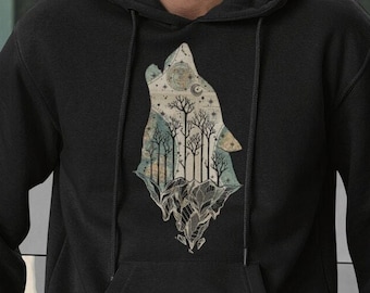 Wolf Forest Map Hoodie - Nature Adventure Graphic Sweatshirt - Camping, Hiking, Outdoors