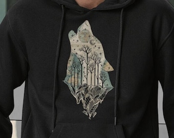 Wolf Forest Map Hoodie Mens Graphic Sweatshirt Nature Adventure Male Camping Hiking Hoodie Animal Wilderness Wildlife Hoodie Gift For Him