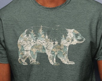Bear Forest T Shirt Bear Map Print Graphic Shirt Nature Adventure Hiking Outdoor Mountain Tee Wildlife Animal Lovers Gift for Dad or Him