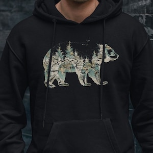 Ours forêt sweat à capuche vintage carte du monde graphique Nature aventure sweat à capuche randonnée en plein air montagne sweat faune amoureux des animaux cadeau pour lui