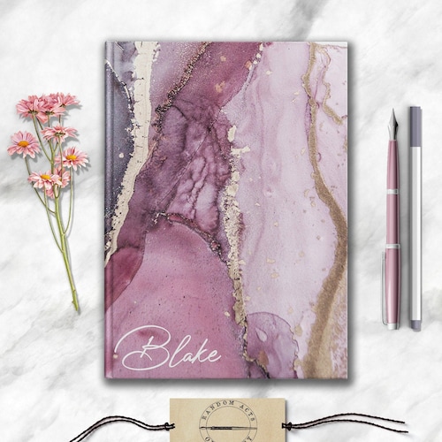 Diario de mármol personalizado: diario abstracto rosa, morado y dorado