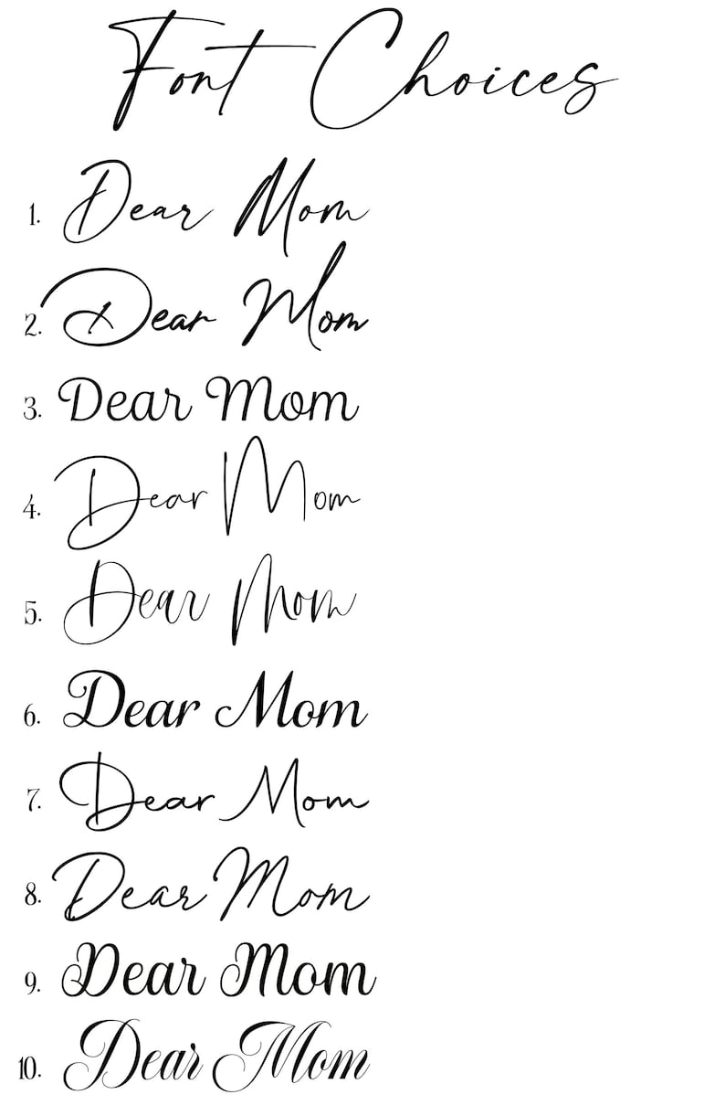 Puede incluir: Se muestran diez estilos de fuente diferentes para la frase "Dear Mom" en tinta negra sobre un fondo blanco. Cada estilo de fuente est&aacute; numerado del 1 al 10.