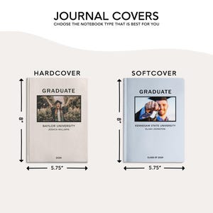 May include: Two journal covers, one hardcover and one softcover, both with a graduation theme. The hardcover is beige with a photo of a graduate in a cap and gown, the text "Graduate", "Baylor University", "Jessica Williams", and "2024". The softcover is light blue with a photo of a graduate holding a graduation cap, the text "Graduate", "Kennesaw State University", "Elijah Johnston", and "Class of 2024". Both covers are 8 inches tall and 5.75 inches wide.