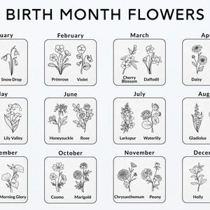Peut inclure: Illustration en noir et blanc intitul&eacute;e "BIRTH MONTH FLOWERS" affichant des motifs floraux pour chaque mois. Chaque mois pr&eacute;sente deux fleurs, comme l'&oelig;illet et le perce-neige pour janvier, et le houx et le narcisse pour d&eacute;cembre.