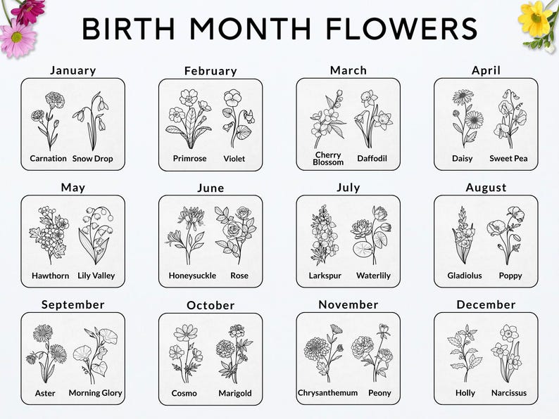 Peut inclure: Illustration en noir et blanc intitul&eacute;e "BIRTH MONTH FLOWERS" affichant des motifs floraux pour chaque mois. Chaque mois pr&eacute;sente deux fleurs, comme l'&oelig;illet et le perce-neige pour janvier, et le houx et le narcisse pour d&eacute;cembre.