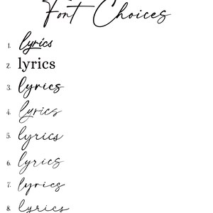 May include: A list of eight different font styles for the word "lyrics" numbered 1 through 8.