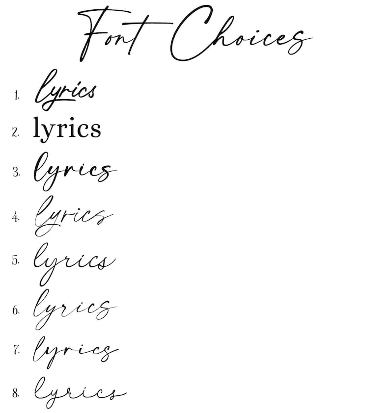 May include: A list of eight different font styles for the word "lyrics" numbered 1 through 8.
