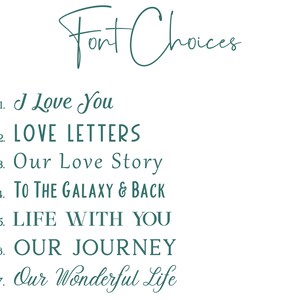 Puede incluir: Una lista de siete frases diferentes para un regalo de boda o aniversario, escritas en diferentes fuentes. Las frases son: "I Love You", "LOVE LETTERS", "Our Love Story", "TO THE GALAXY & BACK", "LIFE WITH YOU", "OUR JOURNEY", y "Our Wonderful Life".