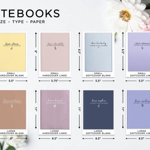 Peut inclure: Collection de cahiers de diff&eacute;rentes couleurs, tailles et types de papier. Les cahiers sont &eacute;tiquet&eacute;s avec des noms et le texte "Letters to my daughter". Les petits cahiers mesurent 14 cm de large et 21,6 cm de haut. Les grands cahiers mesurent 20,3 cm &agrave; 21,6 cm de large et 28 cm de haut.