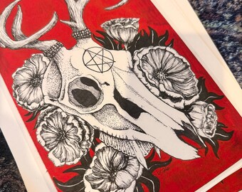 Láminas artísticas exclusivas firmadas: Ilustración gótica de tinta con calavera de ciervo y flores.