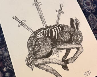Impresión artística exclusiva firmada: Ilustración de tinta de tatuaje: Carta del Tarot Tres de Espadas