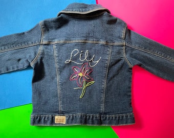 Lily Design - Hand Embroidered Denim Jacket - Baby Toddler and Kids, Handmade Embroidery