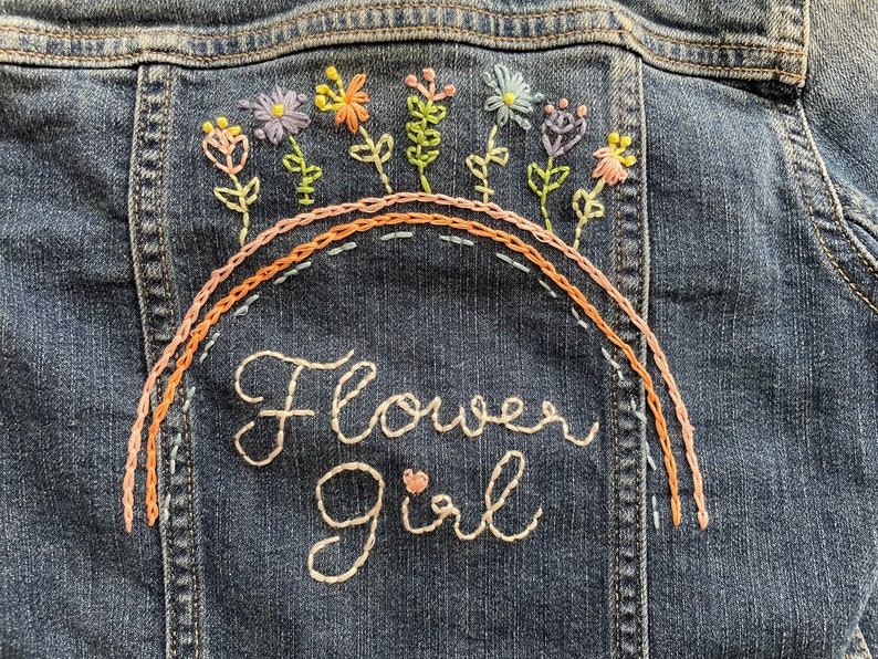 Flower Girl Denim Floral Wedding Jacket Flower Girl Gift Hand Embroidered Wedding Favors Denim Jackets for Bridal Party image 2