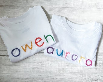 Personalized Baby & Toddler Tee Shirt with Multicolor Name Embroidery, Custom Short Sleeve T Shirt for Kids