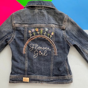 Flower Girl Denim Floral Wedding Jacket Flower Girl Gift Hand Embroidered Wedding Favors Denim Jackets for Bridal Party image 1