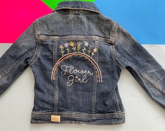 Flower Girl Denim- Floral Wedding Jacket- Flower Girl Gift - Hand Embroidered Wedding Favors - Denim Jackets for Bridal Party