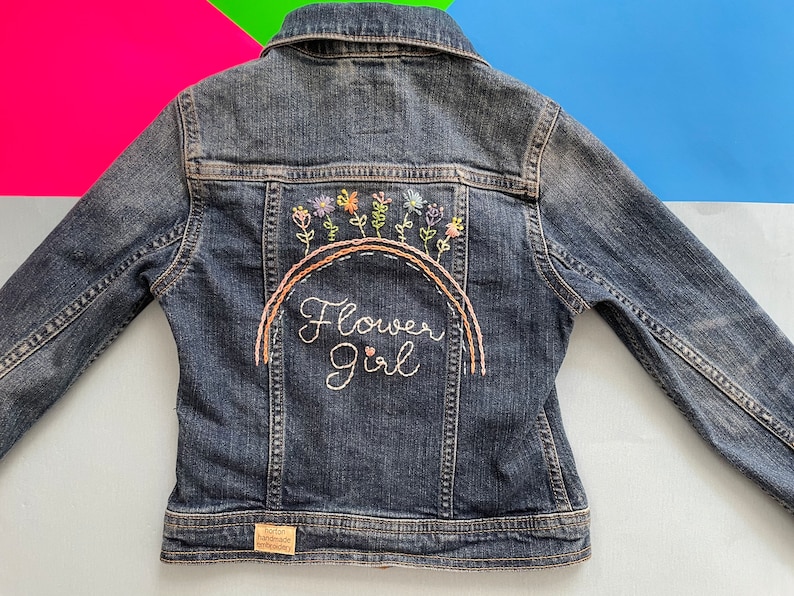 Flower Girl Denim Floral Wedding Jacket Flower Girl Gift Hand Embroidered Wedding Favors Denim Jackets for Bridal Party image 1