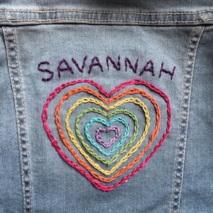 Heart Rainbow Design - Hand Embroidered Denim Jacket - Baby Toddler and Kids, Handmade Embroidery