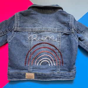 Earth Tone Boho Rainbow - Hand Embroidered Denim Jacket - Baby Toddler and Kids, Handmade Embroidery