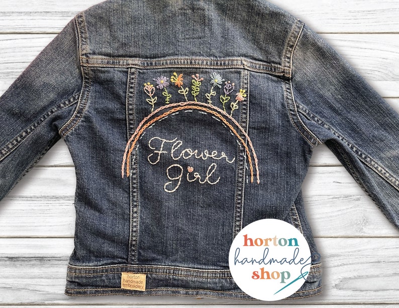 Flower Girl Denim Floral Wedding Jacket Flower Girl Gift Hand Embroidered Wedding Favors Denim Jackets for Bridal Party image 3