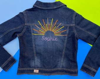 Sunrise Design - Hand Embroidered Denim Jacket - Baby Toddler and Kids, Handmade Embroidery