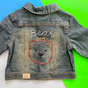 Denim Jacket, Children’s, Teddy Bear Embroidery on Back, Upcycled Denim (0–16)