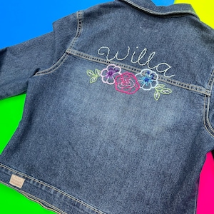 Denim Jacket, Children’s, Floral Design Embroidery Back, Upcycled Denim (0–16)