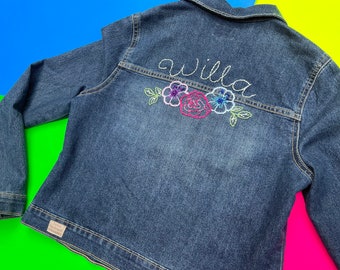 Floral Design - Hand Embroidered Denim Jacket - Baby Toddler and Kids, Handmade Embroidery