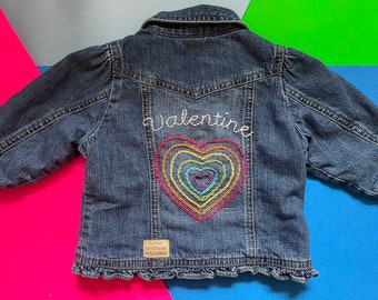 Heart Rainbow Design - Hand Embroidered Denim Jacket - Baby Toddler and Kids, Handmade Embroidery