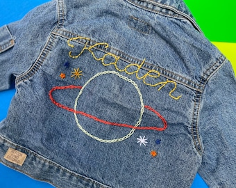 Space Design - Hand Embroidered Denim Jacket - Baby Toddler and Kids