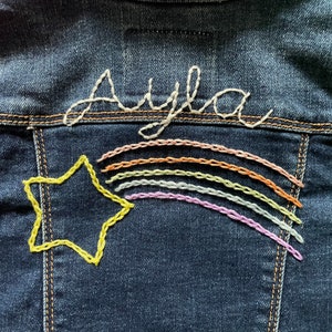 Denim Jacket, Girl&#39;s Shooting Star Design Embroidered on Back, Upcycled Denim (0-16)