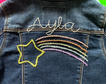 Denim Jacket Girl- Shooting Star Design - Hand Embroidered Denim Jacket - Baby Toddler and Kids, Handmade Embroidery