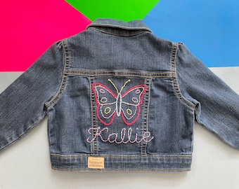 Butterfly Design - Hand Embroidered Denim Jacket - Baby Toddler and Kids