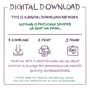 Op de afbeelding: Een witte digitale download kunstwerk grafiek met paarse en groene tekst. De tekst luidt "DIGITALE DOWNLOAD" en "DIT IS EEN DIGITAAL DOWNLOAD KUNSTWERK". Instructies omvatten downloaden, afdrukken en inlijsten. De afbeelding bevat ook een printer en een ingelijst kunstwerk-pictogram.