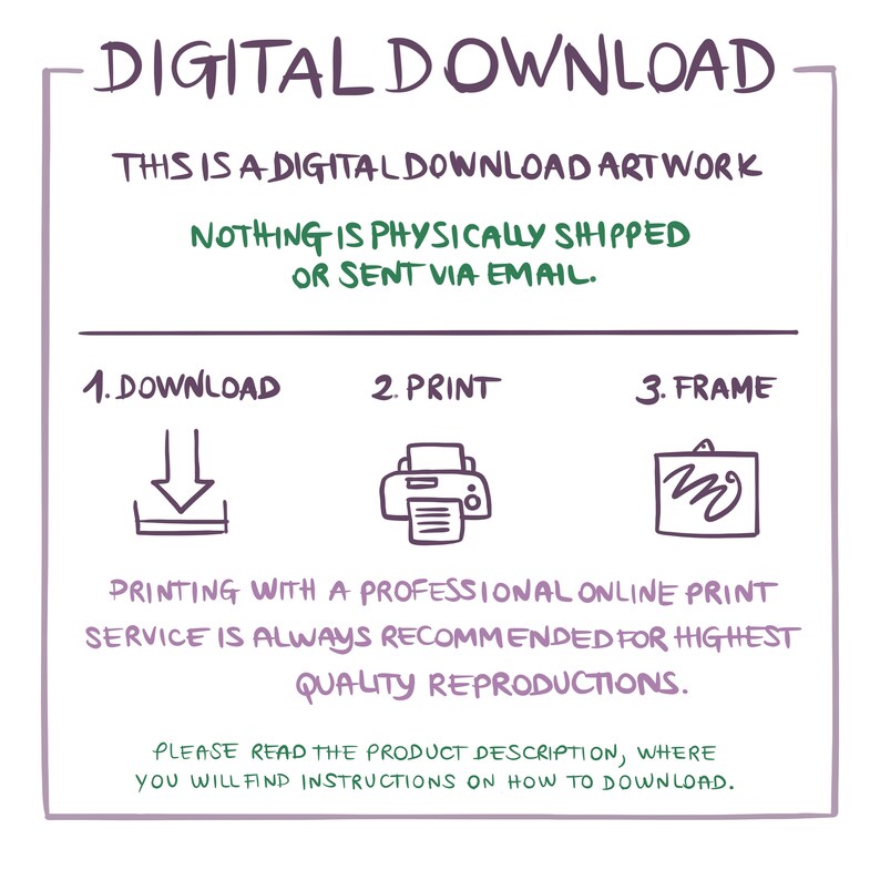 Op de afbeelding: Een witte digitale download kunstwerk grafiek met paarse en groene tekst. De tekst luidt "DIGITALE DOWNLOAD" en "DIT IS EEN DIGITAAL DOWNLOAD KUNSTWERK". Instructies omvatten downloaden, afdrukken en inlijsten. De afbeelding bevat ook een printer en een ingelijst kunstwerk-pictogram.