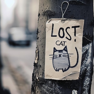 Op de afbeelding: Een rechthoekig beige papieren bordje dat met een metalen clip aan een donkere boomstam is bevestigd. Het bordje bevat de handgeschreven tekst "LOST CAT" in zwarte inkt boven een eenvoudige, gestileerde tekening van een grijze kat.