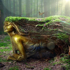 May include: A golden statue of a reclining figure with closed eyes, whose hair transitions into a moss-covered tree log. A small brown squirrel sits near the base of the log, and two butterflies are visible in the air above the scene.