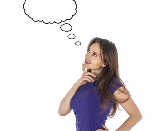 May include: A person with long brown hair wearing a short-sleeved purple t-shirt, looking upward with a hand near their chin. Above the person is a large, empty, black-outlined cloud-shaped thought bubble with a white interior.