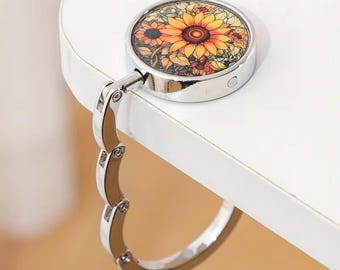 PRESALE-Purse Hanger Table Hook, Foldable Travel Bag Organizer, Butterfly Sunflower Tulips