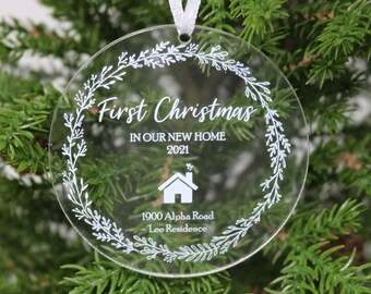 Custom Christmas Ornament for first home, personalized name and address clear ornament