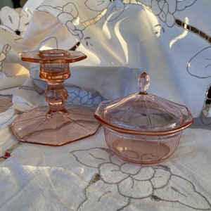 French Pink / Apricot Glass  Candlestick and Covered Dish