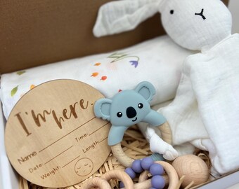 Newborn Baby Gift Box – Swaddle, Bunny Comforter & Teether