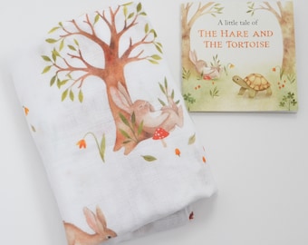 Hare and Tortoise Muslin Swaddle Blanket with Fable Book